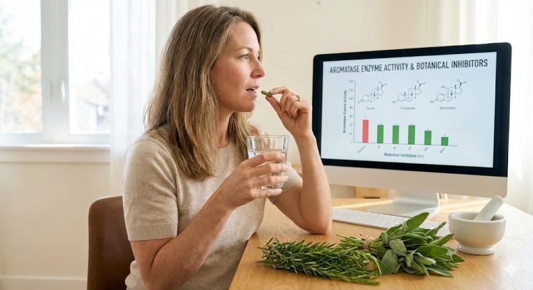 A middle-aged woman taking a plant-based supplement capsule at a desk with fresh herbs and a computer displaying a chart on aromatase enzyme activity and botanical inhibitors.
