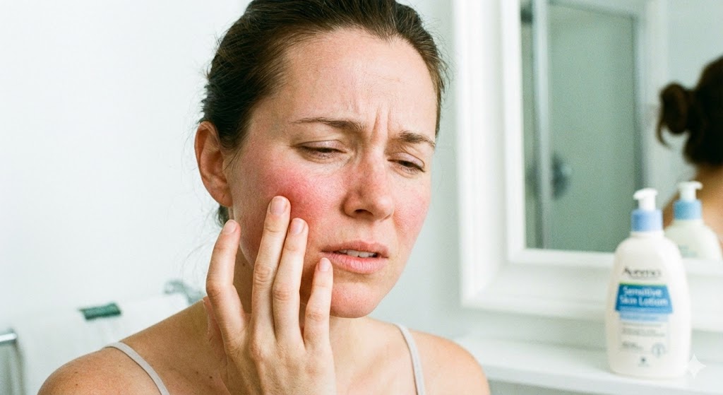 A woman with a pained expression touches her red, irritated cheek, indicating sensitive skin reaction, with a bottle of sensitive skin lotion in the background.