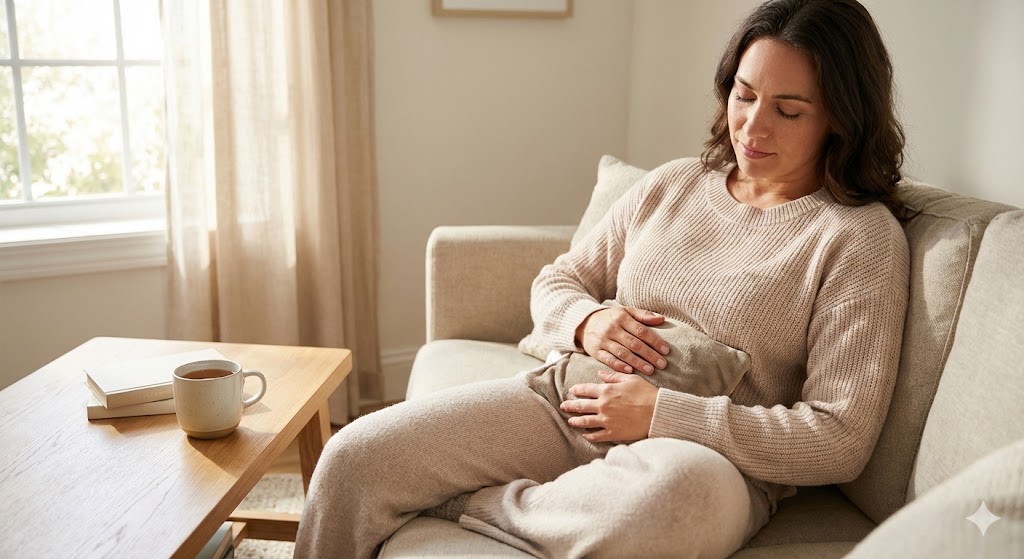Woman sitting on a couch using a heating pad on her abdomen for pain relief in a sunlit room.