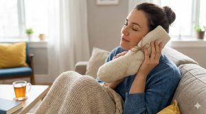A woman sitting on a couch holding a warm salt sock compress to her ear for relief.