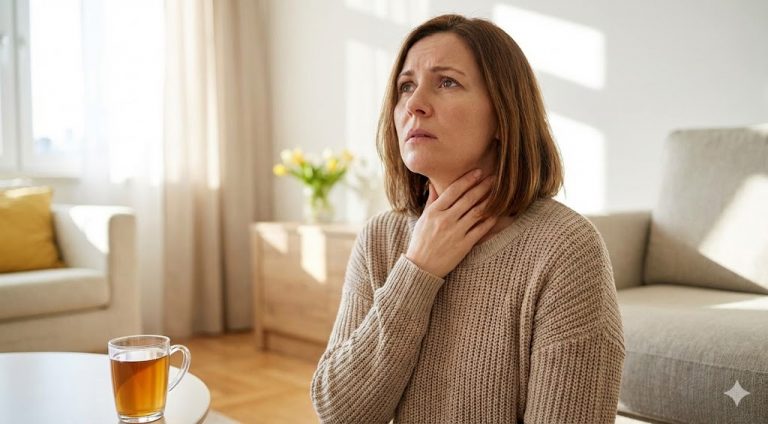 A woman with a concerned expression touches her throat, indicating a sore throat, with a cup of tea nearby.