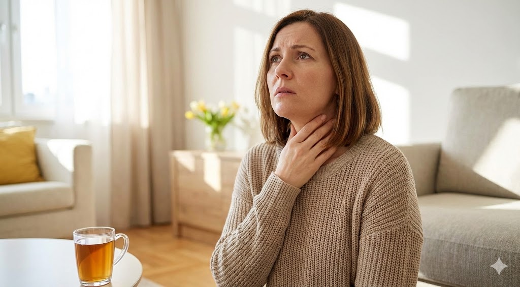 A woman with a concerned expression touches her throat, indicating a sore throat, with a cup of tea nearby.