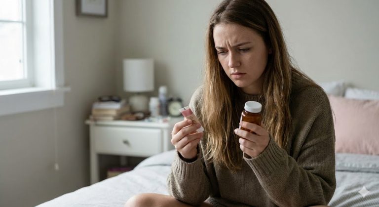 A worried young woman sits on a bed, holding a small tube of cream and a bottle of pills, looking at them with concern.