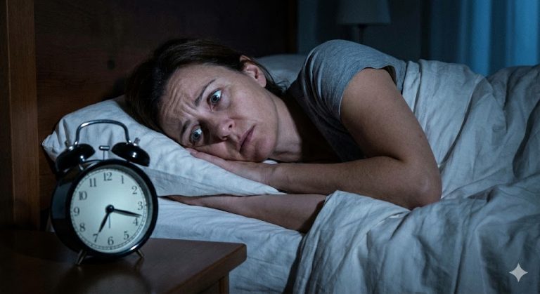A woman with a worried expression lies awake in bed at night, staring at an alarm clock.