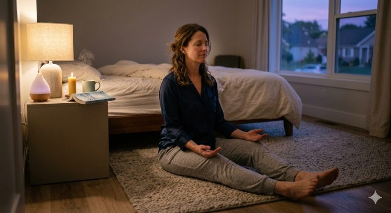 A woman in her bedroom, eyes closed, meditating on a rug with a 'SLEEP' book on the nightstand.