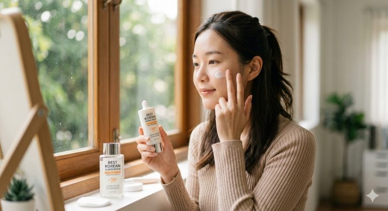 A young Asian woman applies a Korean sunscreen labeled "Best Korean Sunscreen" with SPF 50+ to her face, sitting by a window.