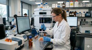 Scientist in lab performing curcumin assay using pipette and 96-well plate.