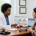 An endocrinologist explains a hormonal balance chart to a patient during a consultation.