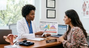 An endocrinologist explains a hormonal balance chart to a patient during a consultation.