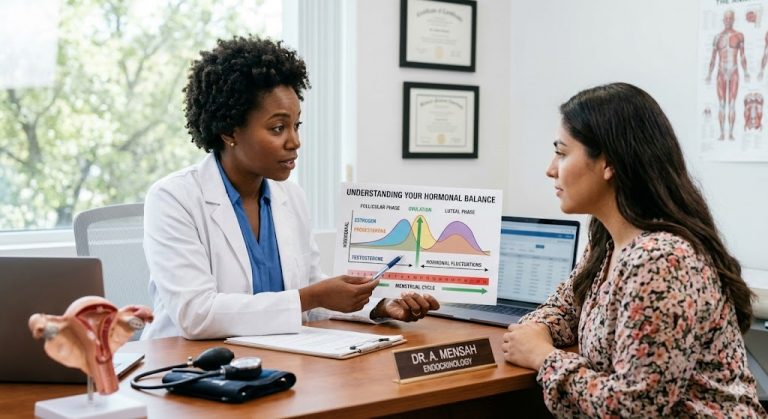 An endocrinologist explains a hormonal balance chart to a patient during a consultation.