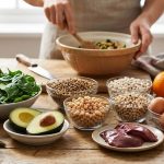 Variety of healthy, folate-rich whole foods like avocado, asparagus, and beans on a rustic table.