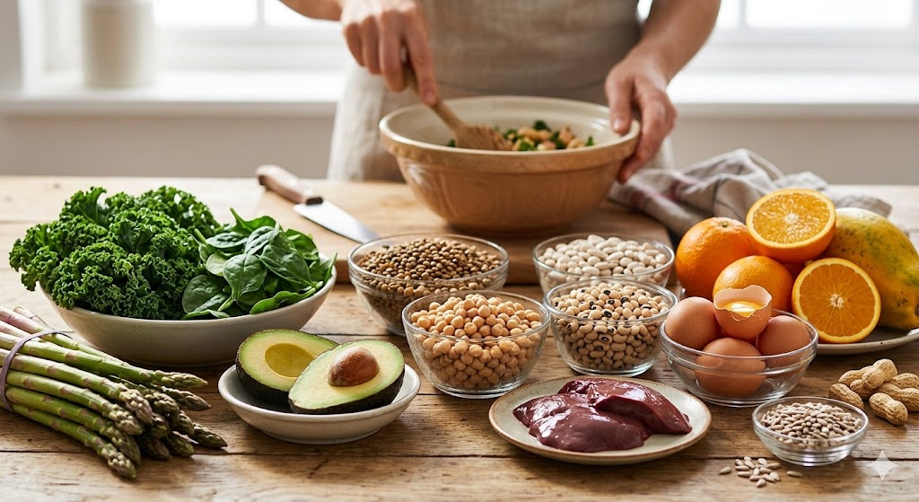 Variety of healthy, folate-rich whole foods like avocado, asparagus, and beans on a rustic table.