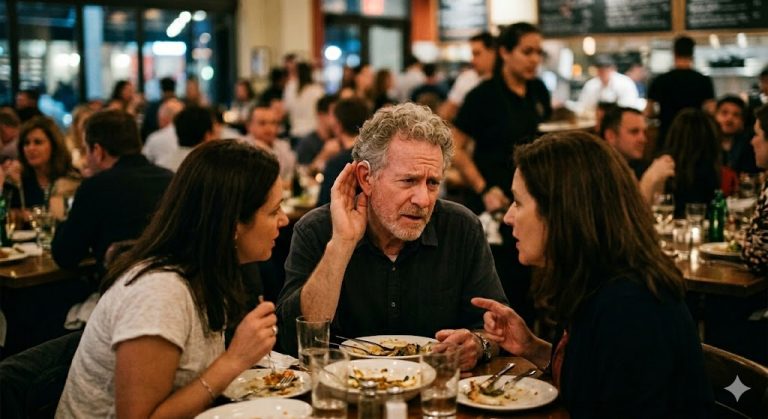 A man with a hearing aid and a hand cupped to his ear, struggling to hear a conversation in a busy, crowded restaurant.