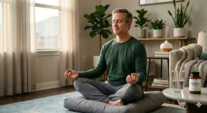 A middle-aged man in a lotus pose meditating at home with a bottle of Magnesium Complex supplements.