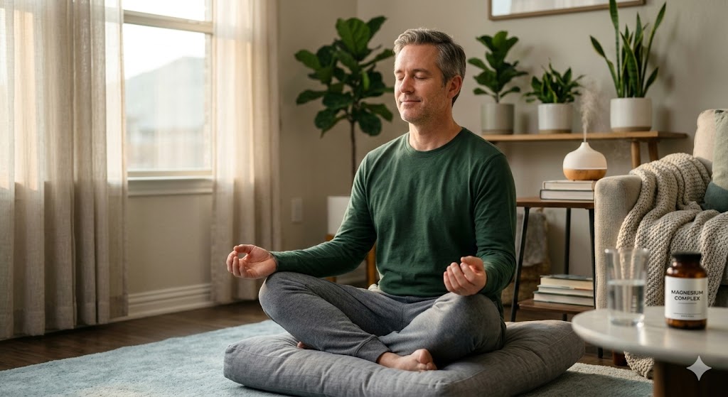 A middle-aged man in a lotus pose meditating at home with a bottle of Magnesium Complex supplements.