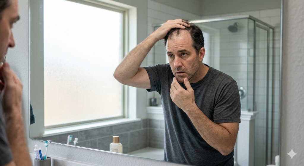 Middle-aged man touches his receding hairline while examining himself in a bathroom mirror.