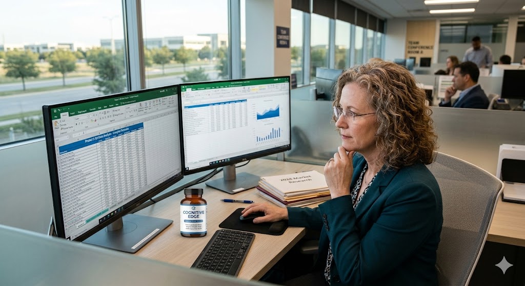 A middle-aged professional woman with glasses and curly hair sits at her desk in a modern corporate office, thoughtfully concentrating on detailed dual-monitor spreadsheets. In the foreground is a labeled bottle of 'COGNITIVE EDGE' supplement, indicating natural focus support for ADHD inattentive adults.