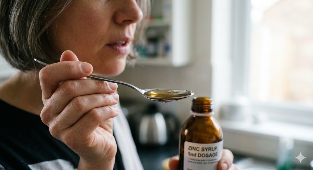 Close-up of a woman taking zinc syrup from a spoon with 5ml dosage bottle.
