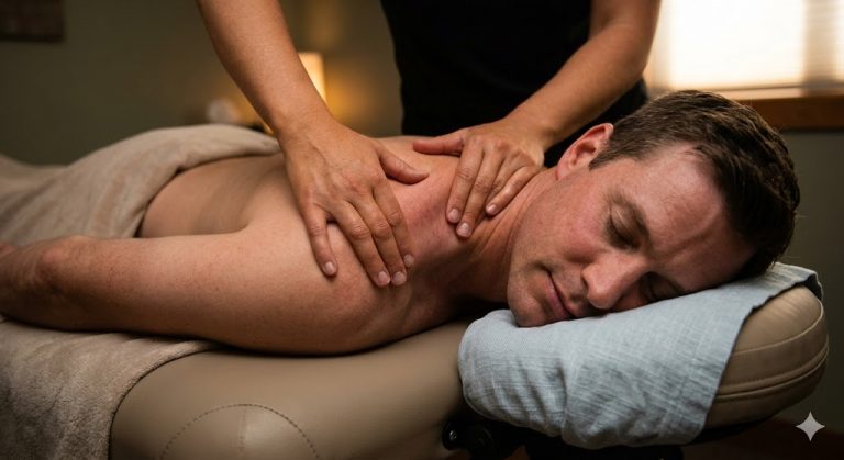 Close-up of hands giving a relaxing back and shoulder massage to a person lying on a table.