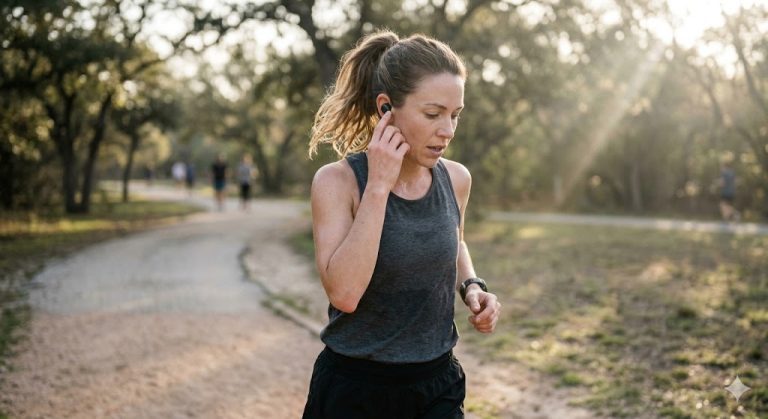 A woman with a high ponytail in activewear adjusts her black wireless earbud during an outdoor workout on a dirt trail.