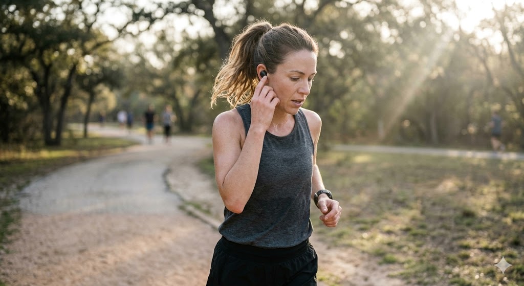 A woman with a high ponytail in activewear adjusts her black wireless earbud during an outdoor workout on a dirt trail.