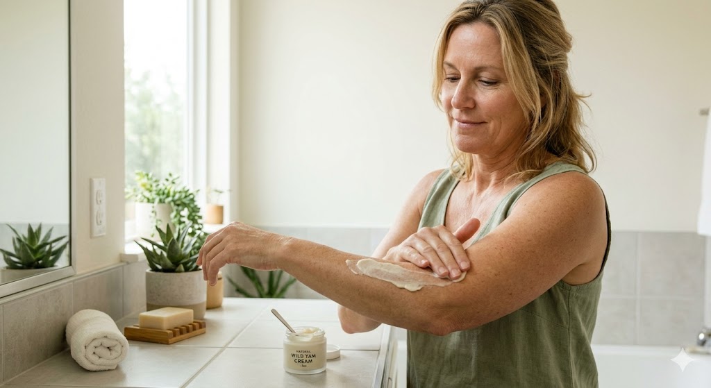 A woman applies Wild Yam Cream from a jar onto her forearm in a bright bathroom.