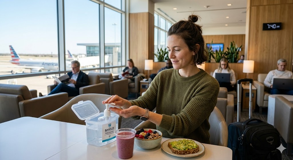 Woman in an airport lounge eating healthy food and using hand sanitizer for immune protection.
