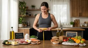 Fit woman measuring her waist while comparing labeled Keto Foods and Mediterranean Foods in a kitchen.