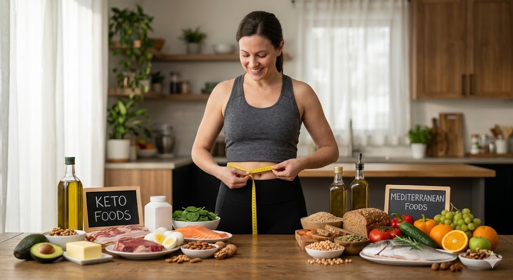 Fit woman measuring her waist while comparing labeled Keto Foods and Mediterranean Foods in a kitchen.