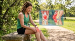 A woman sits on a park bench, rubbing her sore knee, with a holographic diagram of knee inflammation.
