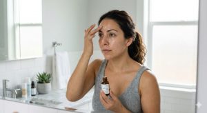 Woman applying facial serum from a dropper bottle in a bright bathroom.