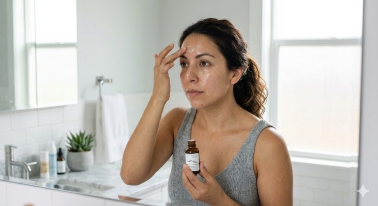 Woman applying facial serum from a dropper bottle in a bright bathroom.
