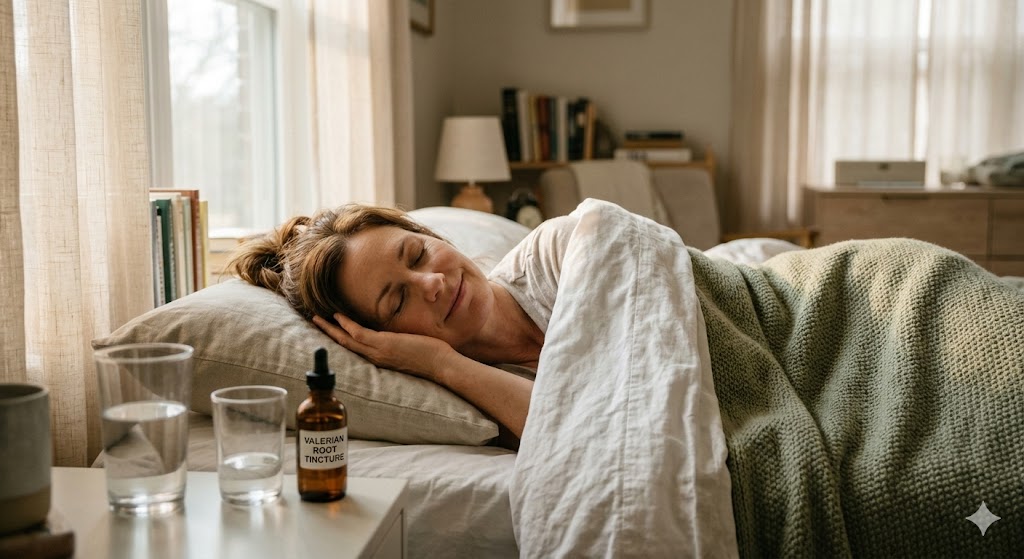 Woman sleeping peacefully with a bottle of Valerian root tincture and water on her bedside table.