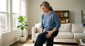 A woman stands in a living room with a pained expression, holding her leg.