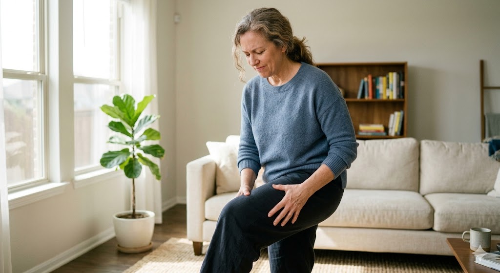 A woman stands in a living room with a pained expression, holding her leg.